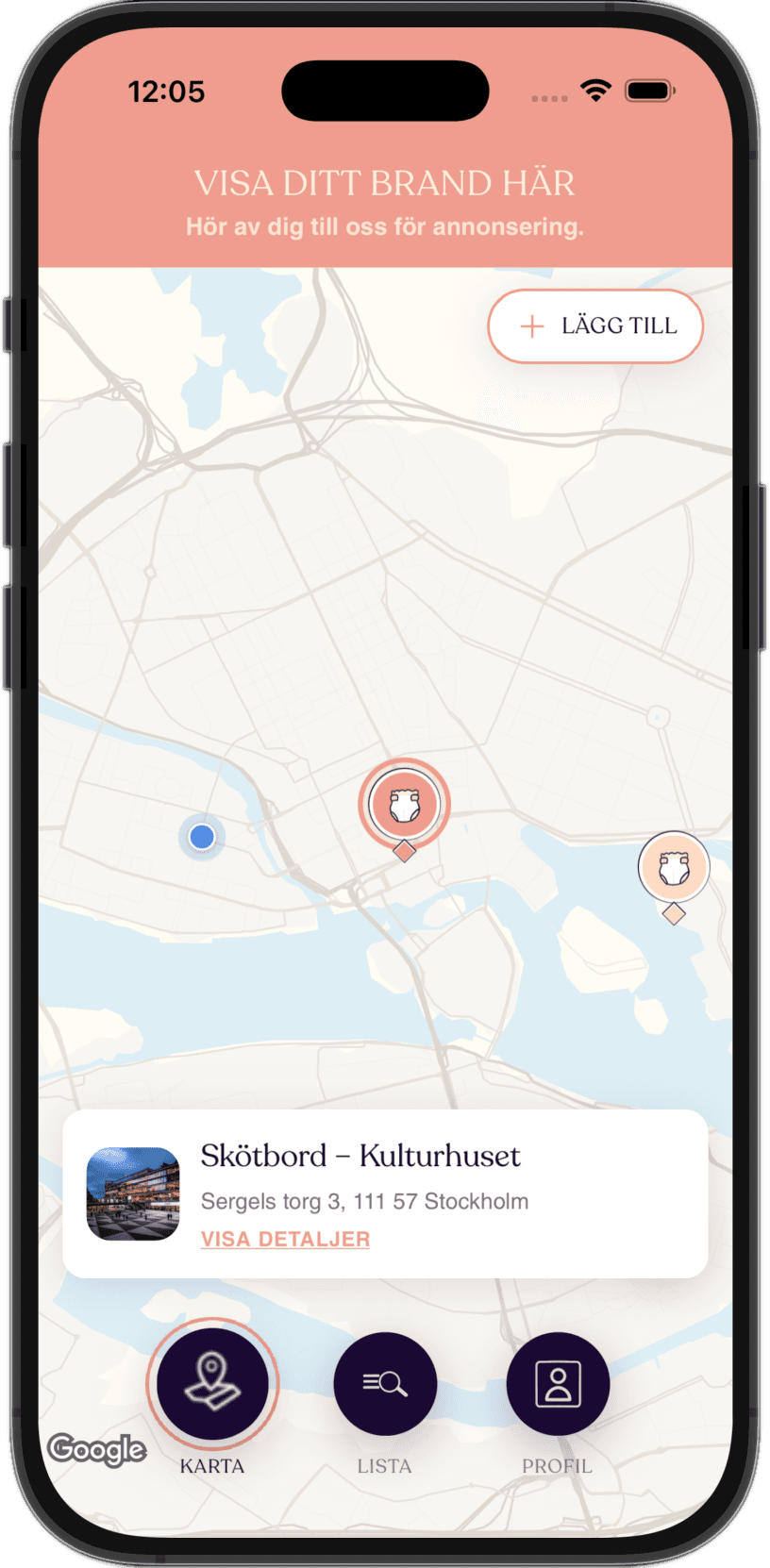 SMULA-app som visar en karta med skötbord och barnvänliga platser nära användaren